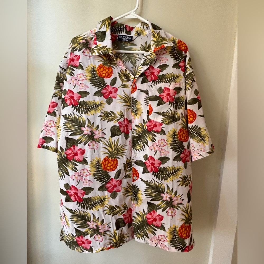 Tropical Floral Button Down Shirt - White and Pink